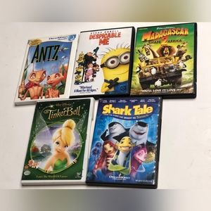 A dvd set with 5 different children's movies including The Minions,  Shark Tale